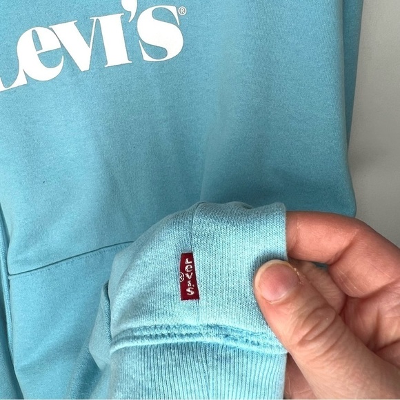 Levi’s Sky Blue Graphic Logo Pullover Knitted Hooded Sweatshirt Size Medium - Picture 8 of 16